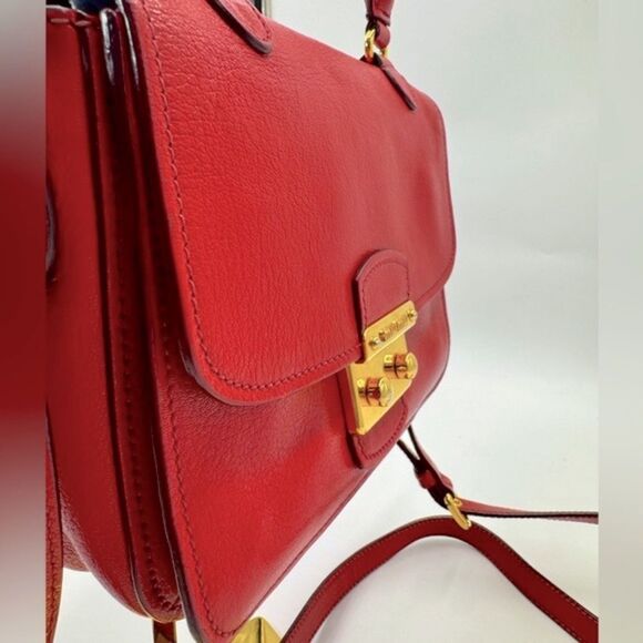 Auth Miu Miu Top Handle Red Leather 2way Crossbody Madras Handbag Preloved Purse - Picture 2 of 16